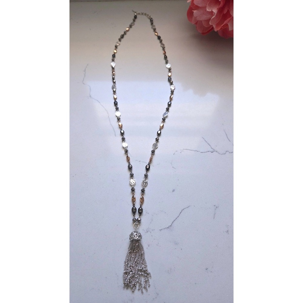 Nine West Mixed Metal Beaded Long Tassel Pendant Necklace Silver Rose Gunmetal